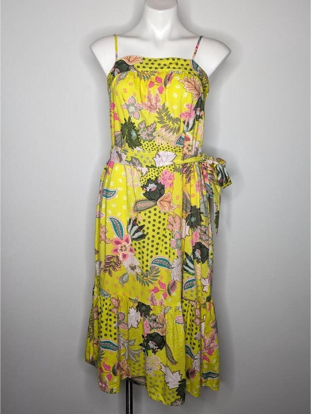 Loft Yellow Pink Floral Spaghetti Strap Cotton Blend Midi Dress 0